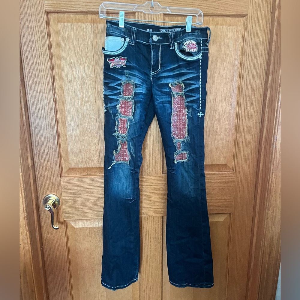Addiction Jade Jeans Low Rise Boot Cut With Patchwork Detail